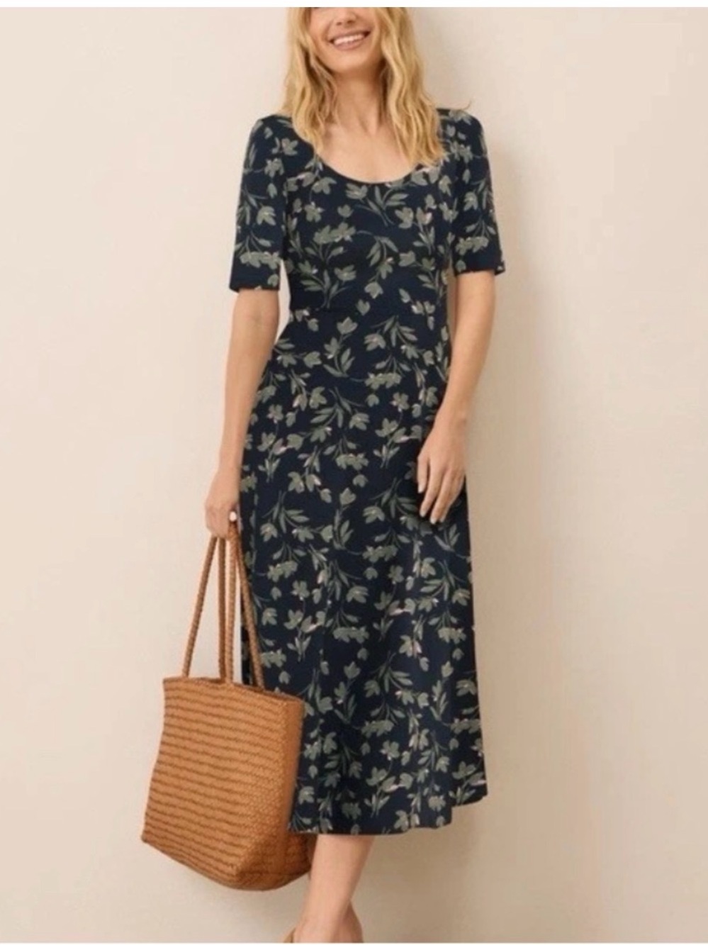 Pact Navy Midi Dress with Olive and Light Pink Floral Print